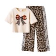 thumbnail image 1 of Glisme 2 Pcs Girls Outfit Bowknot Tee Shirts And Leopard Print Waist Wide Leg Pants Set Trend Clothing Set For Girl Size 8-9 Years, Beige, 1 of 9