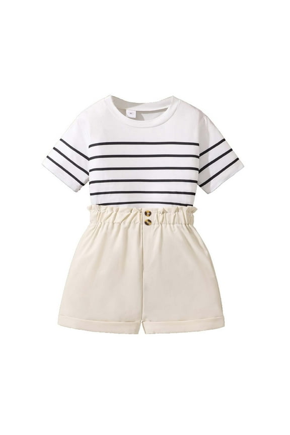 2 Pcs Girls Outfit Casual Striped 2 Piece Set Summer Short Sleeve Top & Floral Bloomer Shorts Grateful Clothing Set For Girl Size 9-10 Years, White