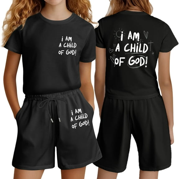 Glisme 2 Pcs Girls Outfit Fashion Letter Print Casual Loose Short Sleeve Suit Basic Classic Clothing Set For Girl Size 4 Years, Black