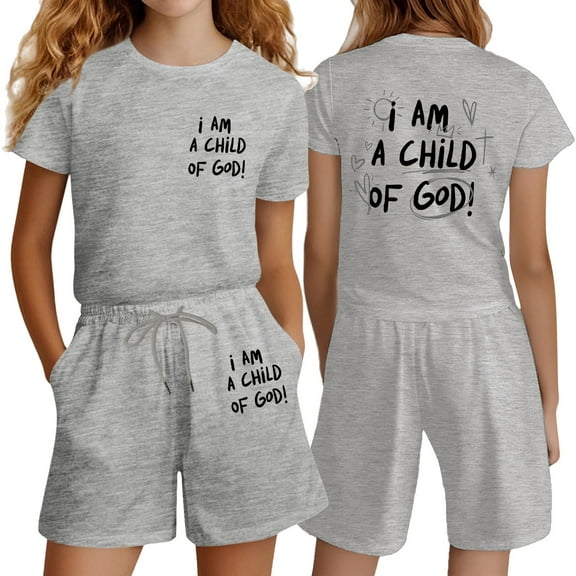 Glisme 2 Pcs Girls Outfit Fashion Letter Print Casual Loose Short Sleeve Suit Grateful Clothing Set For Girl Size 4 Years, Grey