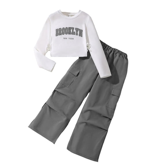 Glisme 2 Pcs Girls Outfit Long Sleeve Sweatshirt Shirts And Cargo Jogger Pants Outfits Grateful Clothing Set For Girl Size 9-10 Years, Grey