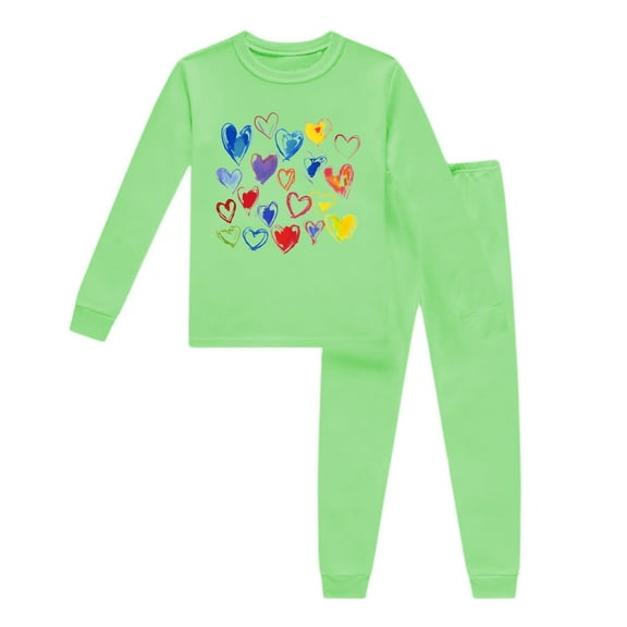 Glisme 2 Pcs Girls Outfit Long Sleeved Printed Solid Color Home Clothes Top And Pants Set Casual Wear Grateful Clothing Set For Girl Size 5 -6, Green