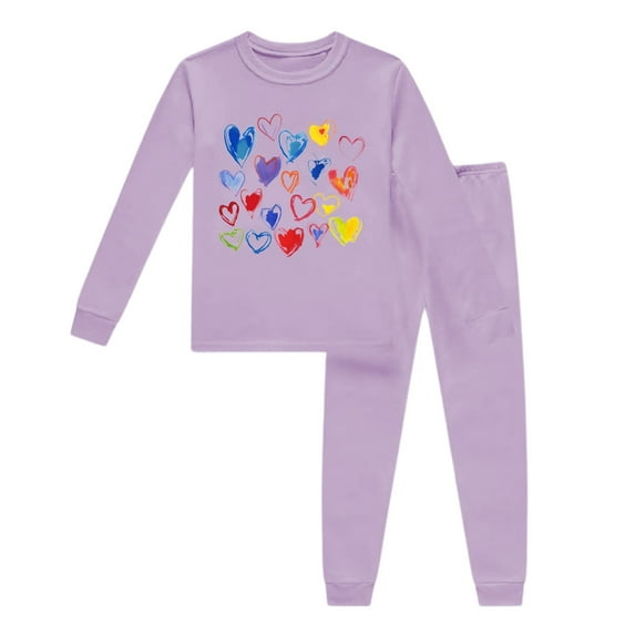 Glisme 2 Pcs Girls Outfit Long Sleeved Printed Solid Color Home Clothes Top And Pants Set Casual Wear Skin Friendly Fit Clothing Set For Girl Size 6 -7, Purple