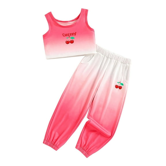 Glisme 2 Pcs Girls Outfit Summer Cartoon Cherry Print Sleeveless Short Vest And Gradient Color Long Pants Two Piece Set Lively And Lovely Clothing Set For Girl Size 3-4 Years, Red