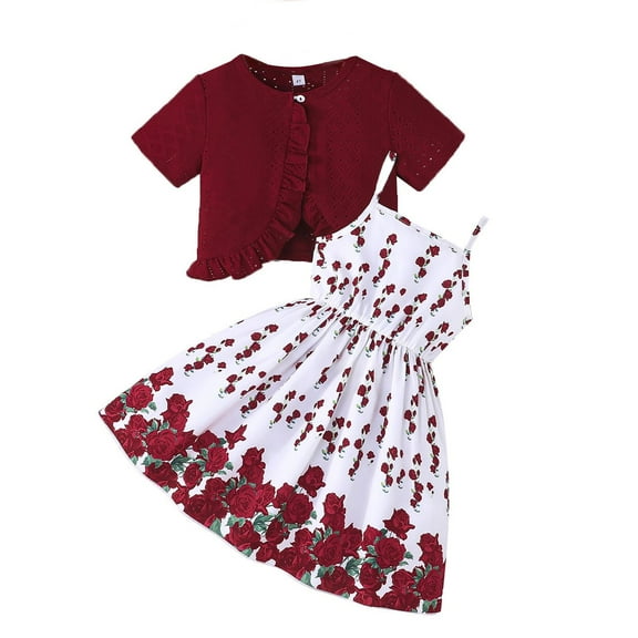 Glisme 2 Pcs Girls Outfit Summer Jacquard Short Jacket   Rose Print Strapless Dress Set Cute Toddler Two Piece Outfit Comfort Clothing Set For Girl Size 6-7 Years, Red