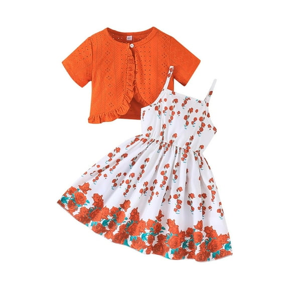 Glisme 2 Pcs Girls Outfit Summer Jacquard Short Jacket   Rose Print Strapless Dress Set Cute Toddler Two Piece Outfit Grateful Clothing Set For Girl Size 3-4 Years, Orange