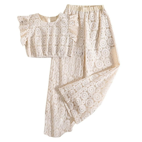 Glisme 2 Pcs Girls Outfit Summer Lace Hollow Out Flutter Sleeve Top And Wide Leg Pants Set Two Piece Outfit For Kids Trend Clothing Set For Girl Size 8 Years, White