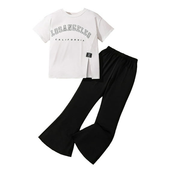 Glisme Casual Girls Clothing Set Summer Short Sleeve Letter Prints Top And Casual Pants Set For Big Kids Size 5-6 Years Black Outfits Set For Girl