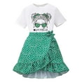 thumbnail image 1 of Glisme 2 Pcs Girls Outfit Toddler Short Sleeve Cartoon Prints Bowknot T Shirt Tops Skirts Suit Grateful Clothing Set For Girl Size 9-10 Years, Green, 1 of 7