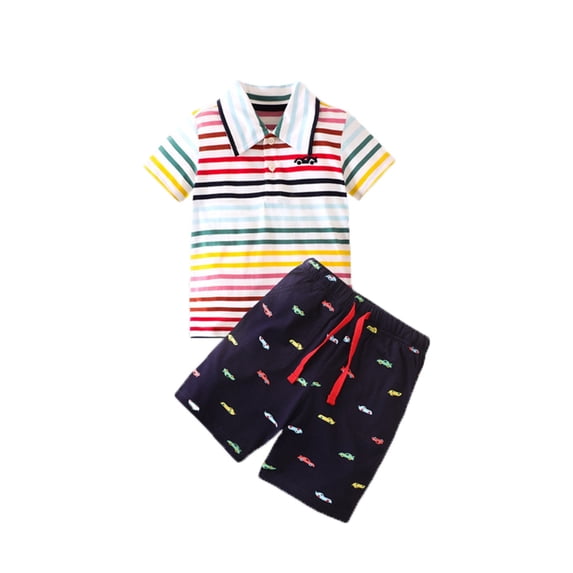Glisme 2 Piece Outfits For Boys Toddler Short Sleeve Striped Polo Shirt And Shorts Child Kids 2Pc Set Outfit Versatile Clothing Set Size 3-4 Years