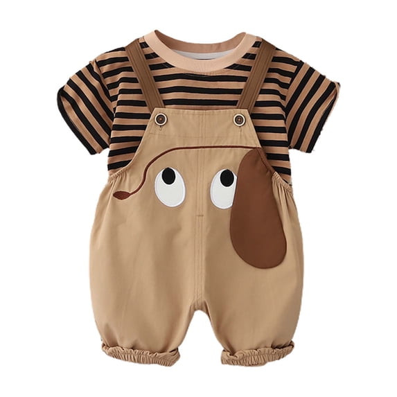 Glisme 2 Piece Outfits For Boys Toddler Stripe Short Sleeved T-Shirt And Overalls Two-Piece Set Cartoon Jumpsuits Versatile Clothes Suit Size 2 -3