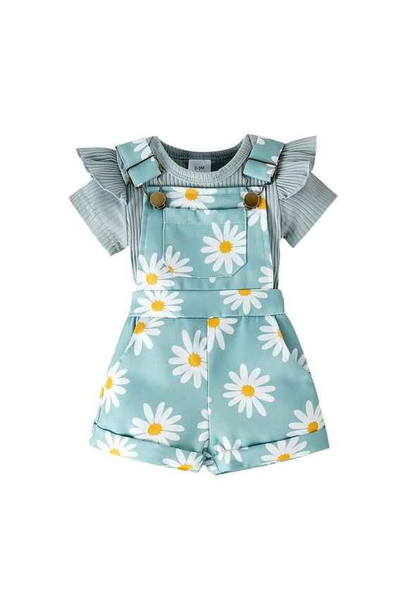 2 Piece Outfits For Girls Baby Solid Color Ribbed Bodysuit With Floral Print Overalls Outfit Set Summer Outdoor Play New Green Matching Set