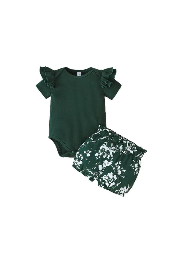 2 Piece Outfits For Girls Baby Summer Flutter Sleeve Bodysuit & Floral Shorts Set Soft Romper Outfit Trend Green Clothing Set