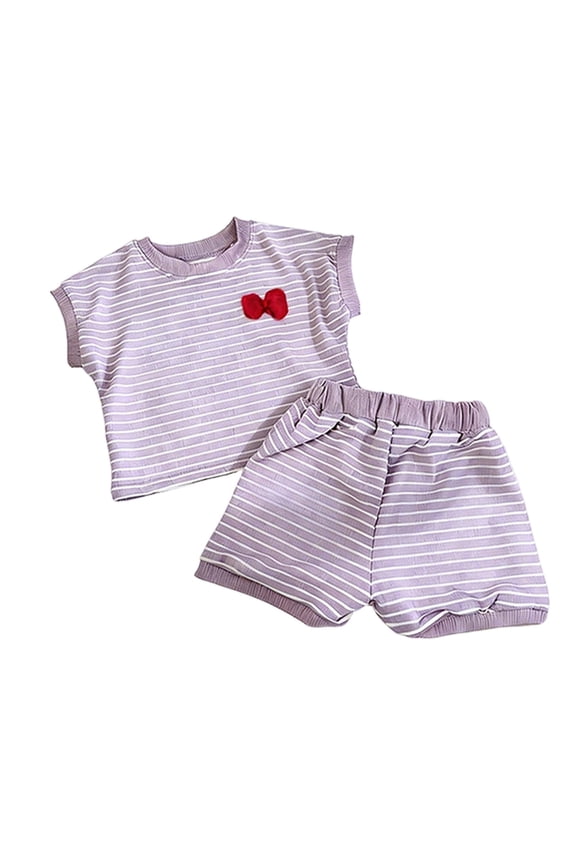 2 Piece Outfits For Girls Bow Striped Outfit Two Piece Set Trend Purple Clothing Set