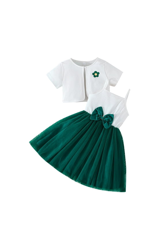 2 Piece Outfits For Girls Floral Lace Jacket & Tulle Sundress 2 Pcs Set Elegant Outfit Summer Parties New Green Matching Set