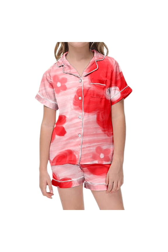 2 Piece Outfits For Girls Flower Printed Loungewear Set Silk Lapel Button Down Short Sets Cute Homewear Versatile Watermelon Red Clothes Suits