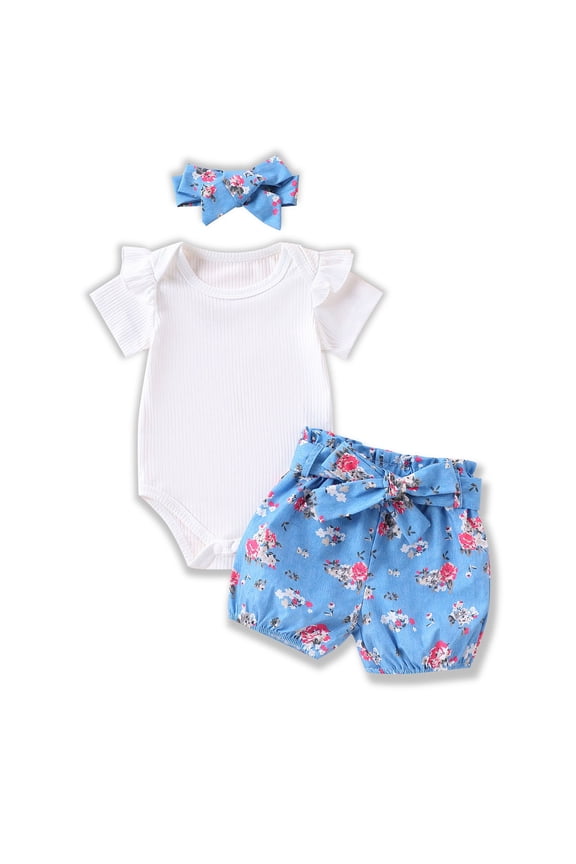 2 Piece Outfits For Girls Summer Outfits Set Baby Toddler Flutter Sleeve Bodysuit & Floral Shorts Set Soft Romper Set New Blue Matching Set