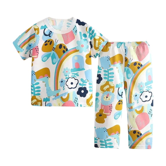 Glisme 2 Piece Outfits For Girls Unisex Loose Loungewear Set Cartoon Cute Round Neck Short Sleeve Top Pants Home Wear New White Matching Set