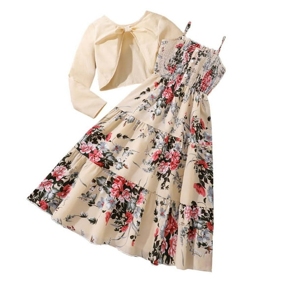 Glisme 2 Piece Outfits For Girls Floral Print Dress Two Piece Set With Long Sleeve Cardigan Spring Fall Casual & Party Outfits Trend White Clothing Set