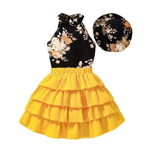 Glisme 3 Pack Girls Outfit Summer Short Sleeved Top Cake Skirt And Hat Three Piece Set Lively And Lovely Clothing Set For Girl Size 8-9 Years, Yellow
