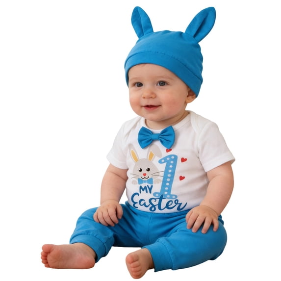 Glisme 3 Piece Outfits For Boys Adorable Bunny Print Baby Outfits Short Sleeve Bodysuit Pants And Hat 3 Piece Cute Infant Toddler Summer Casual Playwear Trend Clothing Set Size 9-12 Months