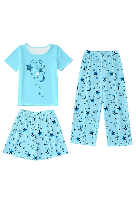 3 Piece Outfits For Girls Spring Summer Round Neck Short Sleeve T Shirt Shorts Long Pants Loungewear Set Casual Home Wear New Sky Blue Matching Set