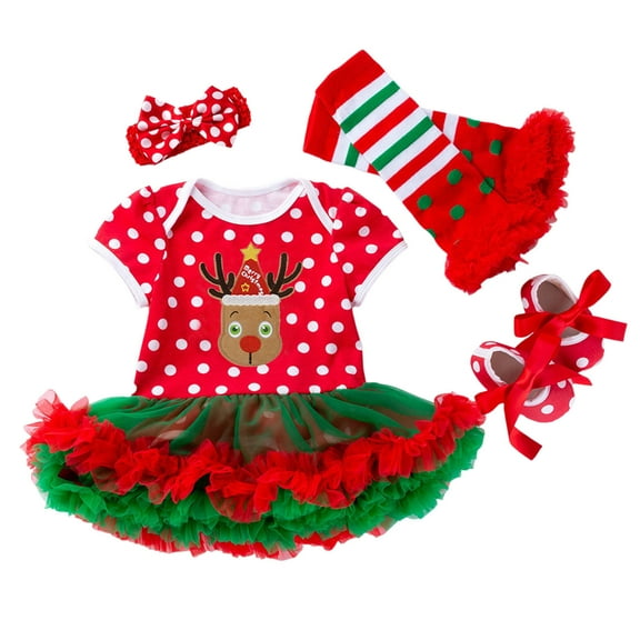 Glisme 4 Pack Toddler Girls Outfits Christmas Printed Short Sleeve Romper Skirt With Headband Clothing Set Clear Regular Fit Suit For Girl/6-12 Months