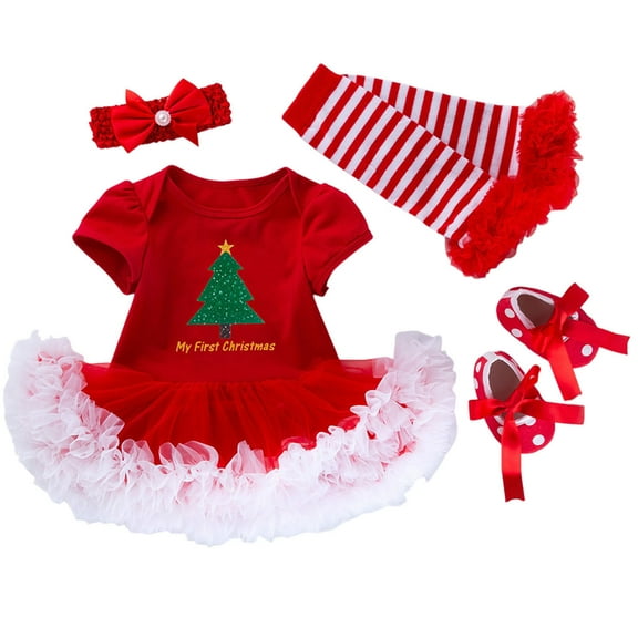 Glisme 4 Pack Toddler Infant Girls Outfits Christmas Printed Short Sleeve Romper Skirt With Headband Red Girl Softness Suit/0-3 Months