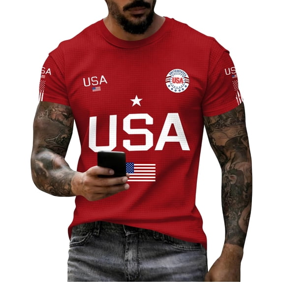 Glisme 4Th Of July Men'S T-Shirt American Flag Letter Print Short Sleeve Crew Neck Tops Summer Independence Day Casual Men Tees Size 2XL Red