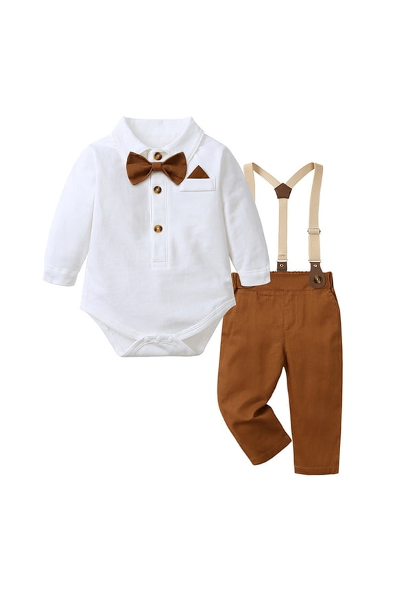 Baby Boy Outfits Formal Long Sleeve Shirt With Bow Tie And Suspenders Romper Jumpsuit For Toddlers Photoshoot Popular Unisex Boy Girl Clothes White