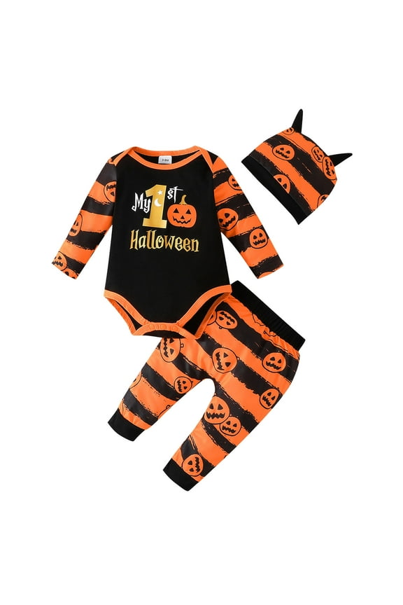 Baby Boys Clothing Sets Pumpkin Print Long Sleeve Bodysuit Striped Pants Hat 3 Piece Set For Fall Winter Comfort Boys Outfit Size 3-6 Months Orange
