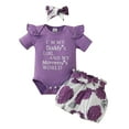 thumbnail image 1 of Glisme Baby Girls Clothing Set Summer Outfit Short Sleeve Daddy Mama Saying Romper Floral Shorts Headband Size 0-3 Months Purple Outfits Set For Girl, 1 of 9