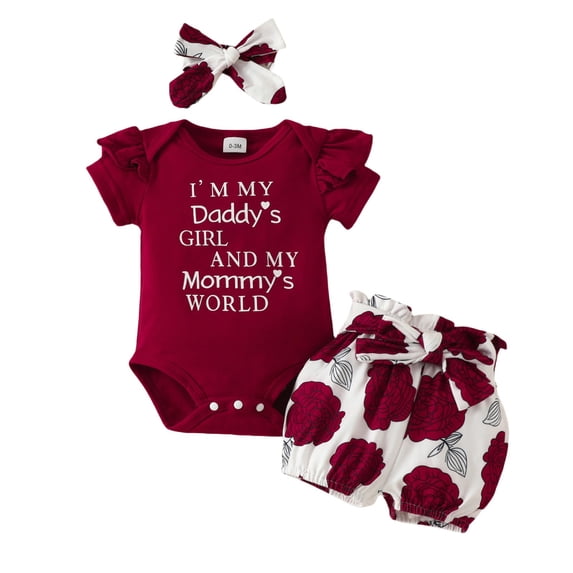 Glisme Baby Girls Clothing Set Summer Outfit Short Sleeve Daddy Mama Saying Romper Floral Shorts Headband Size 12-18 Months Red Outfits Set For Girl