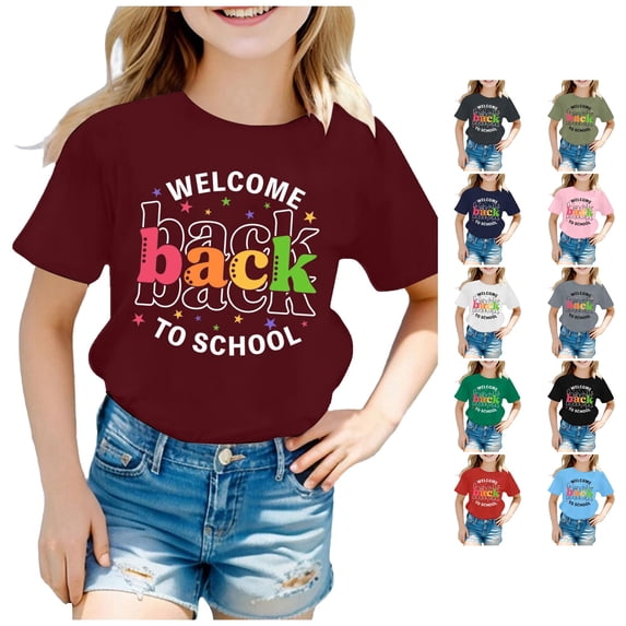 Glisme Back To School T Shirts For Girls Teen Round Neck Short Sleeve Cartoon Letter Graphic Tee 12-13 Years Wine