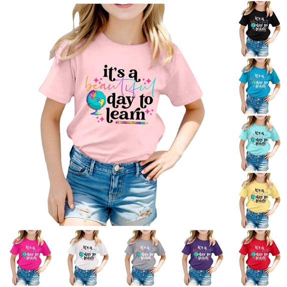Glisme Back To School T Shirts Girls Teen Short Sleeve Crewneck Cartoon Prints Tee 11-12 Years Pink