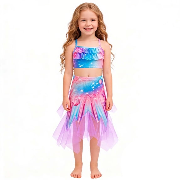 Glisme Bathing Suits For Girls Glitter Mesh 3 Piece Bikini Set Beachwear With Flowy Skirt Summer Pool Beach Wear Size 7-8 Years
