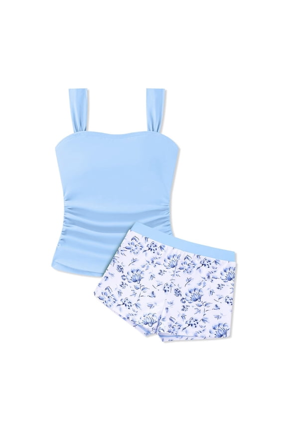 Bathing Suits For Girls 2 Piece Separate Swimsuit Solid Color Tank Top And Printed Shorts Conservative Swimwear Beach Pool Outfit Size 12-13 Years
