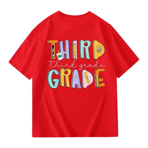 Glisme Big Girls Back To School T-Shirt Letter Print Short Sleeve Crew Neck Fall Casual Girls Tees Size 9-10 Years Red