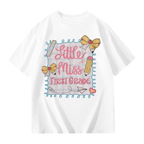 Glisme Big Girls Back To School Tees Letter Print Short Sleeve Crew Neck Fall Comfortable Girls T-Shirt Size 7-8 Years White