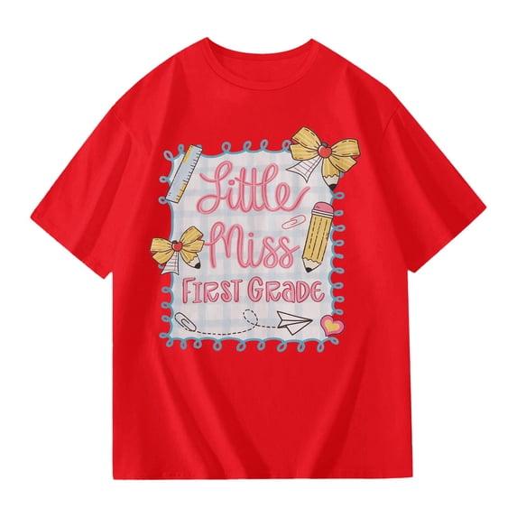 Glisme Big Girls Back To School Tees Letter Print Short Sleeve Crew Neck Fall Cozy Soft Girls T-Shirt Size 11-12 Years Red