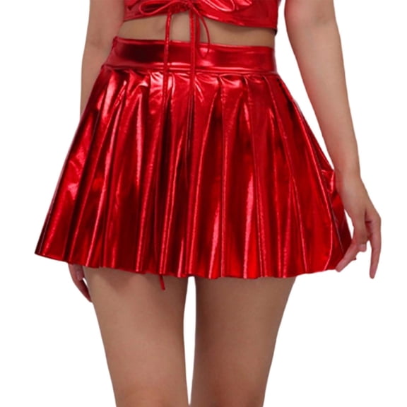 Glisme Black Skirts For Women Fashion Solid Dazzling Pleated Skirt Stage Nightclub High Waist A Line Short Skirt Fashion Party Dress Red