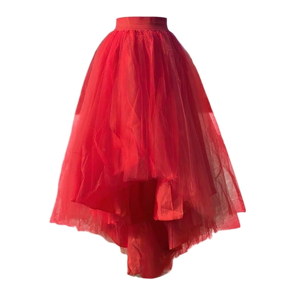 Glisme Black Skirts For Women Colorful Layered Mesh Skirt Asymmetrical High Waist Elastic Waistband Flowy Chiffon Tiered Ruffle Hem Design Easy To Match Party Dress Red