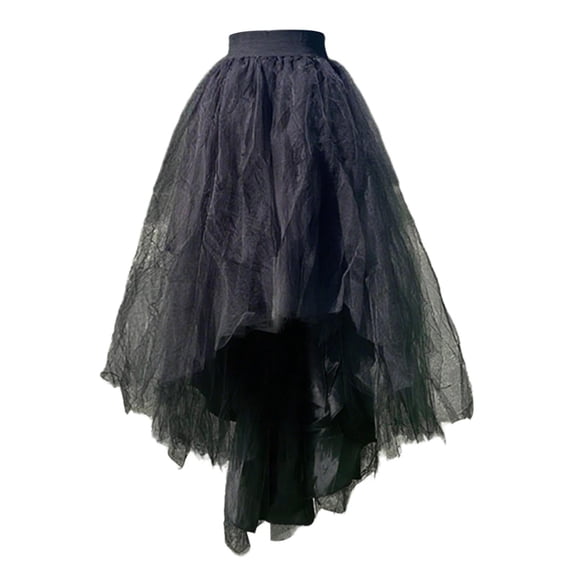 Glisme Black Skirts For Women Colorful Layered Mesh Skirt Asymmetrical High Waist Elastic Waistband Flowy Chiffon Tiered Ruffle Hem Design Novel Party Dress Black