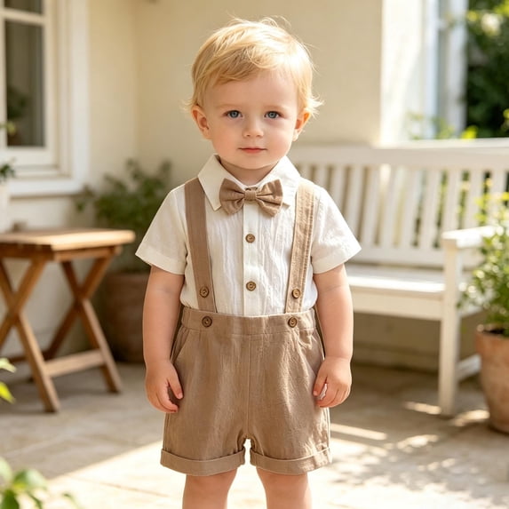 Glisme Boy Clothes Round Neck Solid Color Romper Bodysuit Suspenders Pants Short Sleeve Outfits Gentleman Suitgentleman Suit Lovely Newborn Playsuit Khaki