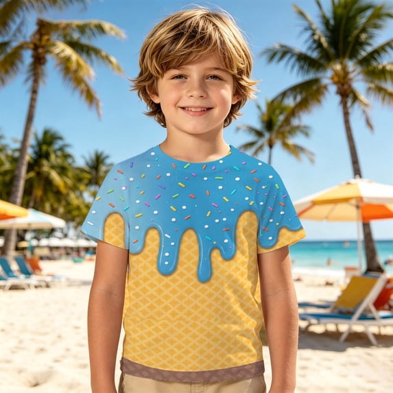 Glisme Boy Tops 5-6 Years Short Sleeve T Shirts O Neck Tee Cartoon Ice Graphic Blouse Cute Playsuit Light Blue