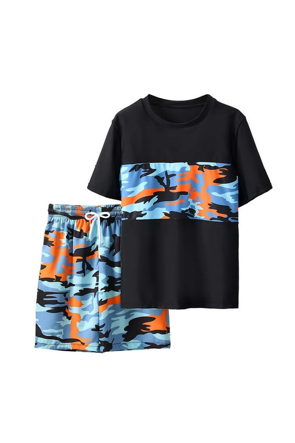 Boys Bathing Suits Swimwear Set Camo Swim Shirt And Shorts For Beach Surfing Swimming Hot Spring Outfit Beach Summer Swimming Outfit Size 9-10 Years Black