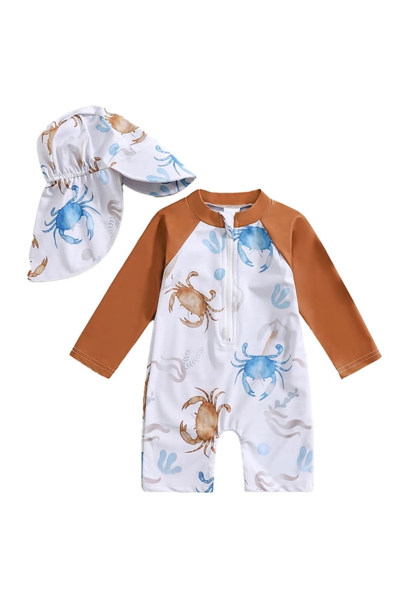 Boys Bathing Suits Toddler Rash Guard Long Sleeve Swimwear Sunsuit Swimsuits Beachwear Beach Summer Swimming Outfit Size 18-24 Month Brown