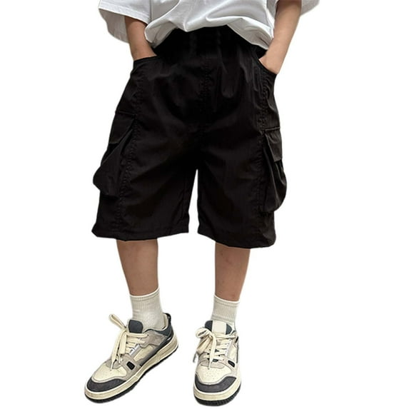 Glisme Boys Cargo Shorts With Pockets Boys 5-Inch Inseam Shorts Daily Wear Loose Knee-Length Shorts Mid-Thigh Shorts Boys Stretch Waist Pants Size 3-4 Years, Black