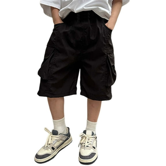 Glisme Boys Cargo Shorts With Pockets Boys 5-Inch Inseam Shorts Daily Wear Loose Knee-Length Shorts Mid-Thigh Shorts Boys Stretch Waist Pants Size 3-4 Years, Black