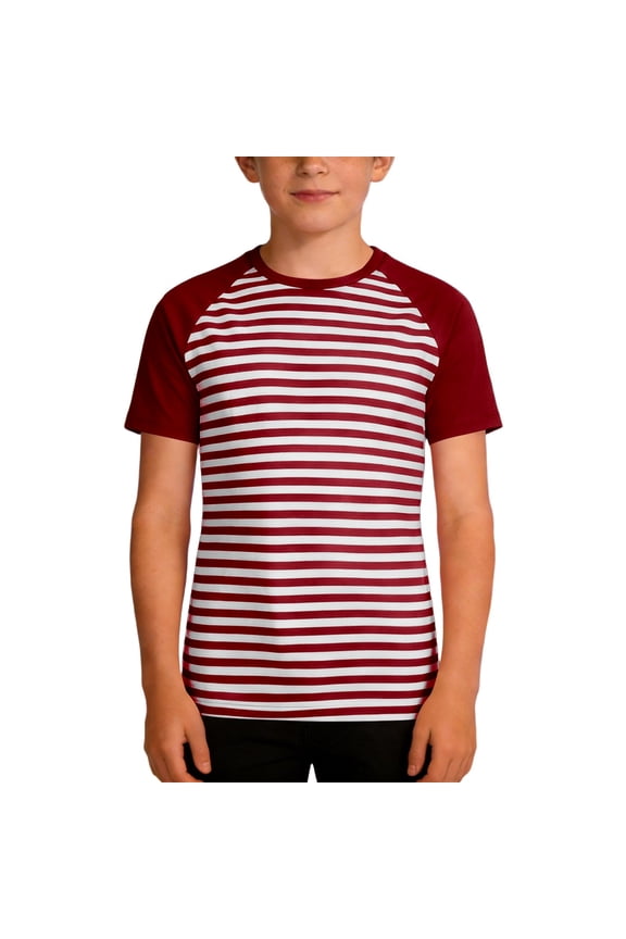 Boys Graphic Tees Stripe Print Short Sleeve T Shirt Colorful Festive Comfortable Blend Top For Kids Wine T-Shirt Size 6-7 Years